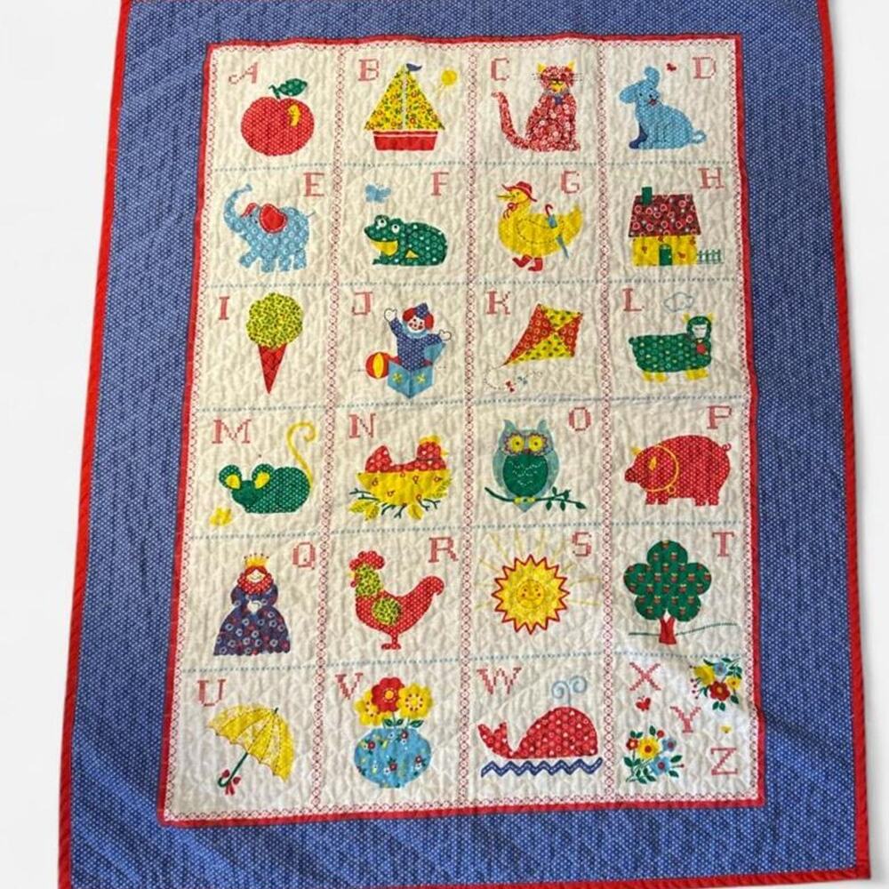 Vintage alphabet quilt for baby toddler bed or as nursery wall hanging decor